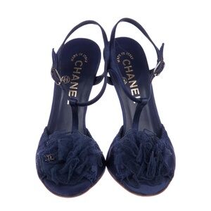 CHANEL Navy T-Strap Floral Tulle Slingback Sandals
